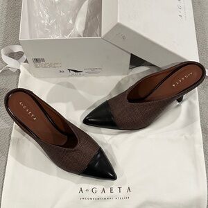 Brown Textile and Black Pointed Toe Mule Heels